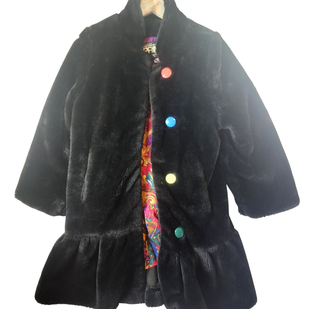 Vintage Prima de Montreal Black Faux Fur Ruffle Coat Colorful Buttons Size 8